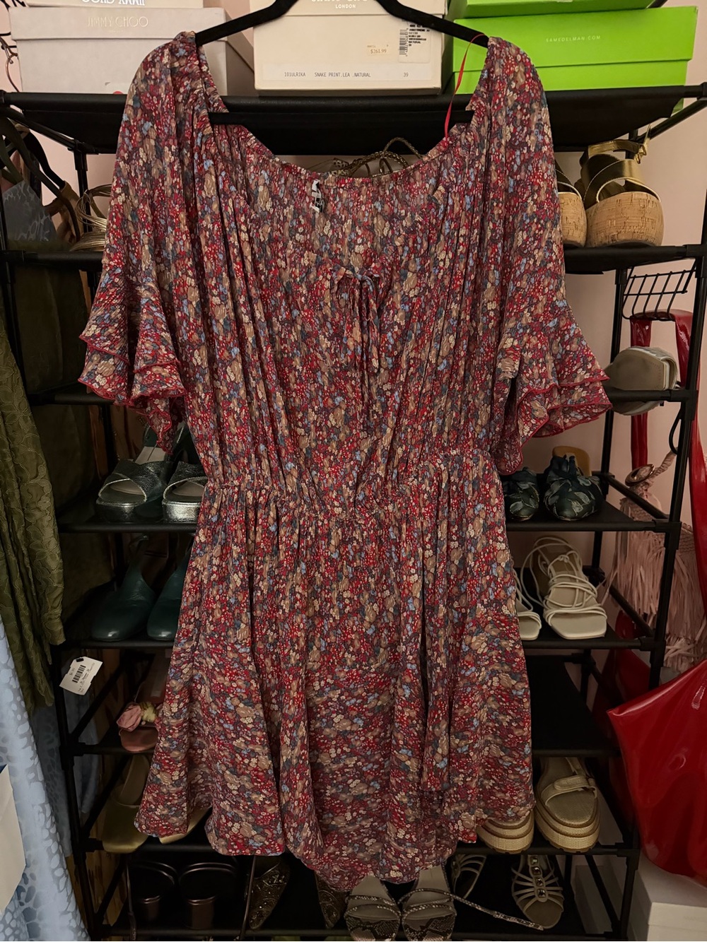 white birch Burgundy Floral Peasant Dress with Ruffle Sleeves